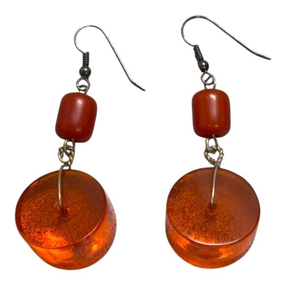 Retro Amber & Orange Dangle Earrings MCM Modern Boho Hippy Geometric Shapes - Picture 4 of 4